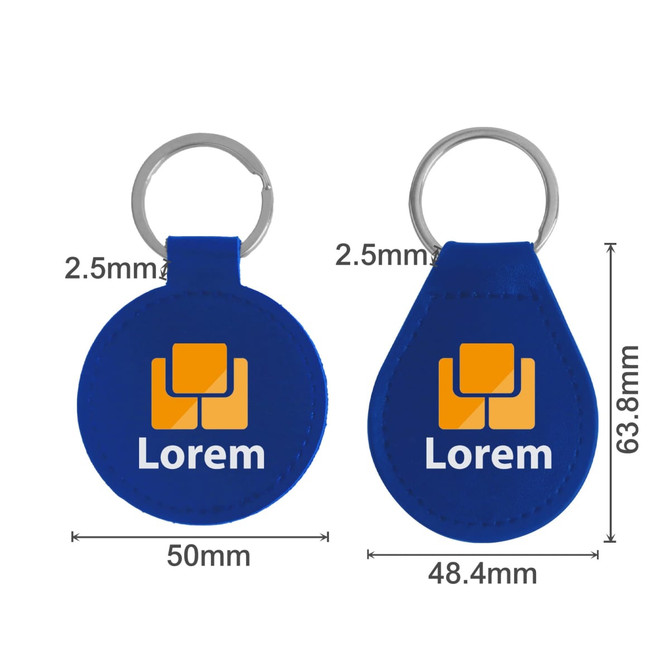 A blue PU leather keyring featuring a round and teardrop shape, each with a metal ring and a logo.