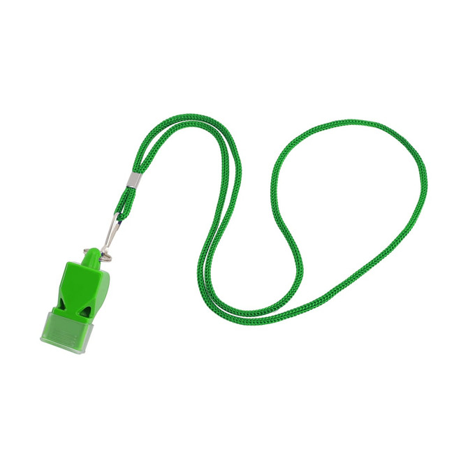 A green plastic whistle attached to a green lanyard. The whistle has a simple design and includes a logo.