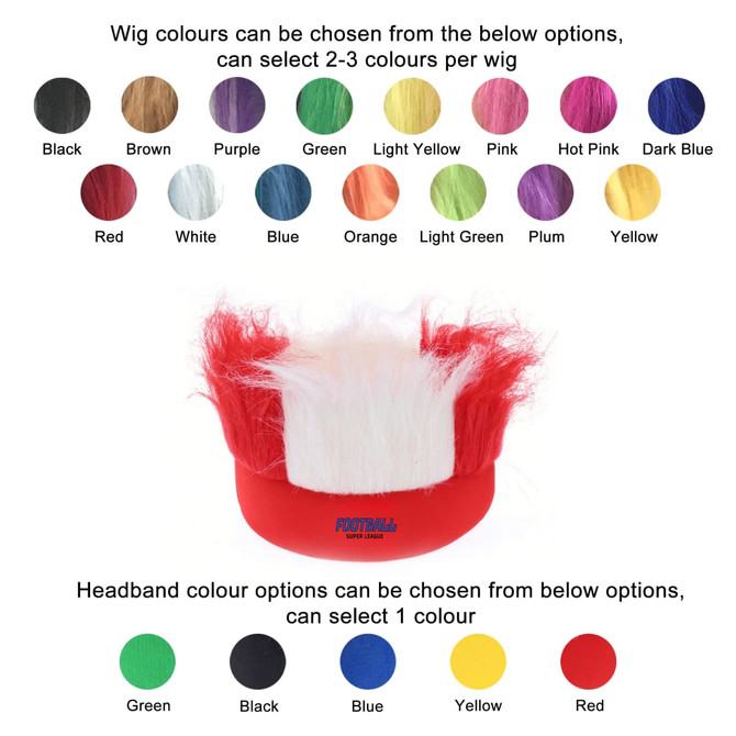 A promotional image featuring a 3 Colours Headband Wig with colour options including red, white, and more. It has a logo.