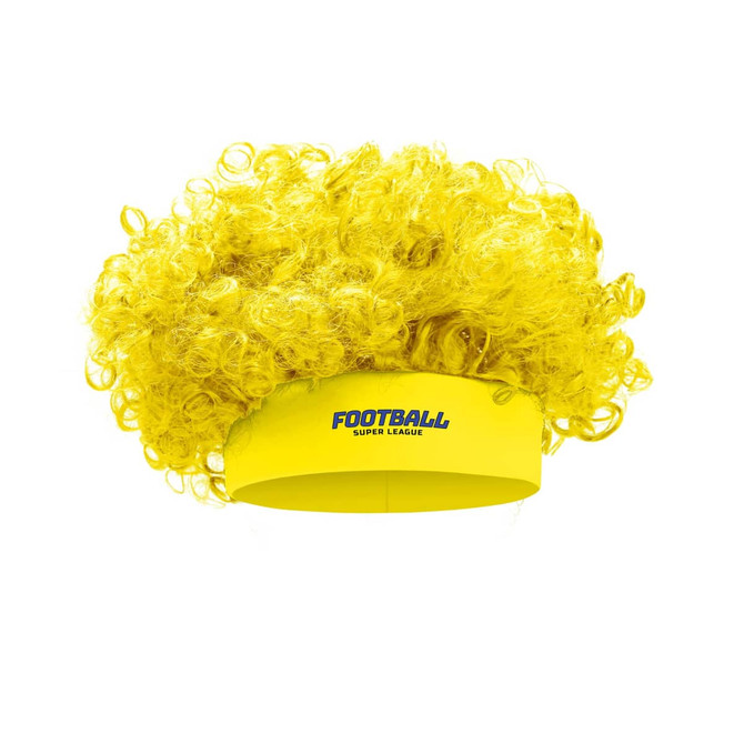A bright yellow Afro headband wig with curly hair and a branded yellow band.