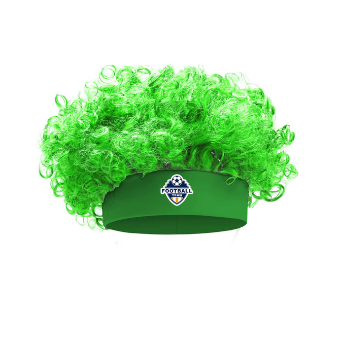 A bright green curly afro headband wig with a solid band and a football logo.