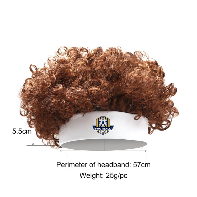 A curly brown headband wig with a white band and a logo, featuring a fluffy afro style.