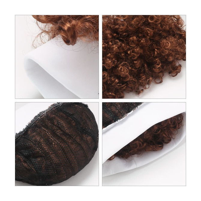 A brown curly headband wig with a textured base and an inner mesh lining for breathability.
