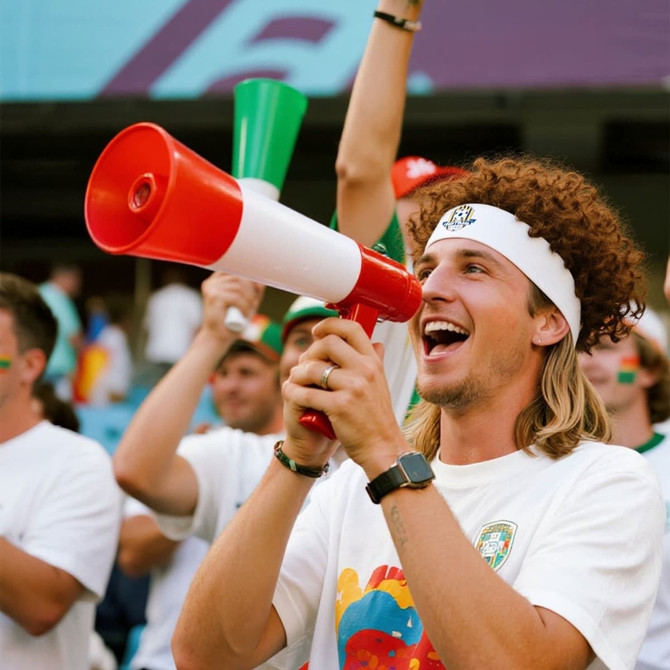 A man with curly hair joyfully holds a red and white megaphone, surrounded by cheering fans in a sports setting.