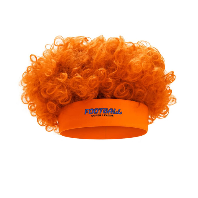An orange headband wig with a voluminous curly afro design, featuring a logo on the band.