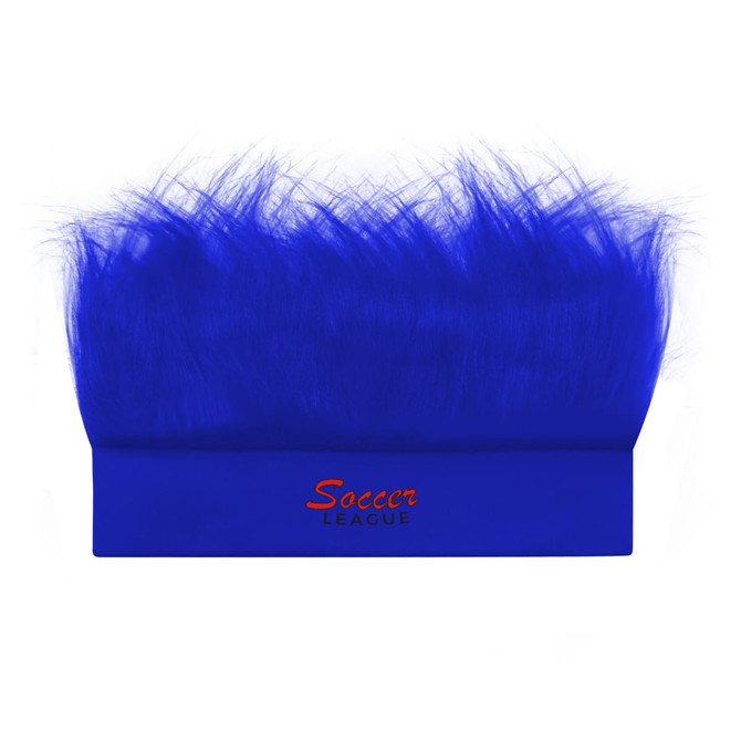 A bright blue headband wig with a fluffy design, featuring a logo on the band.