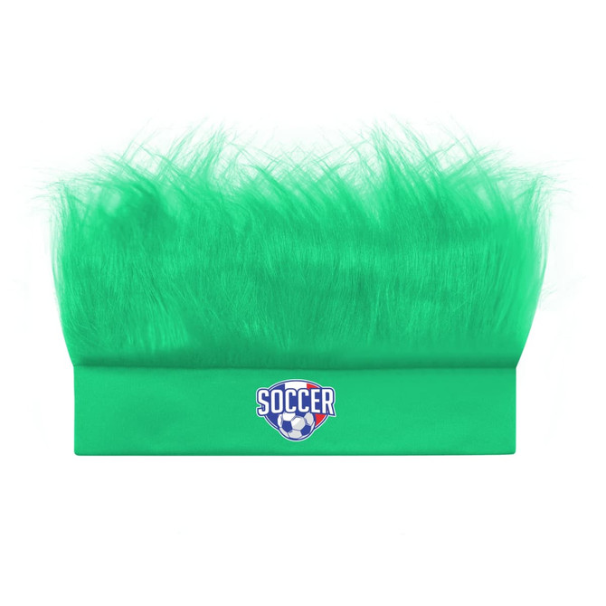 A green headband wig featuring fluffy hair and a logo, designed for soccer-themed events.