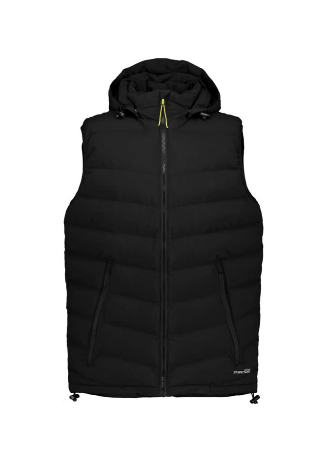 A black unisex hooded puffer vest with a front zipper and two side pockets, featuring a logo.