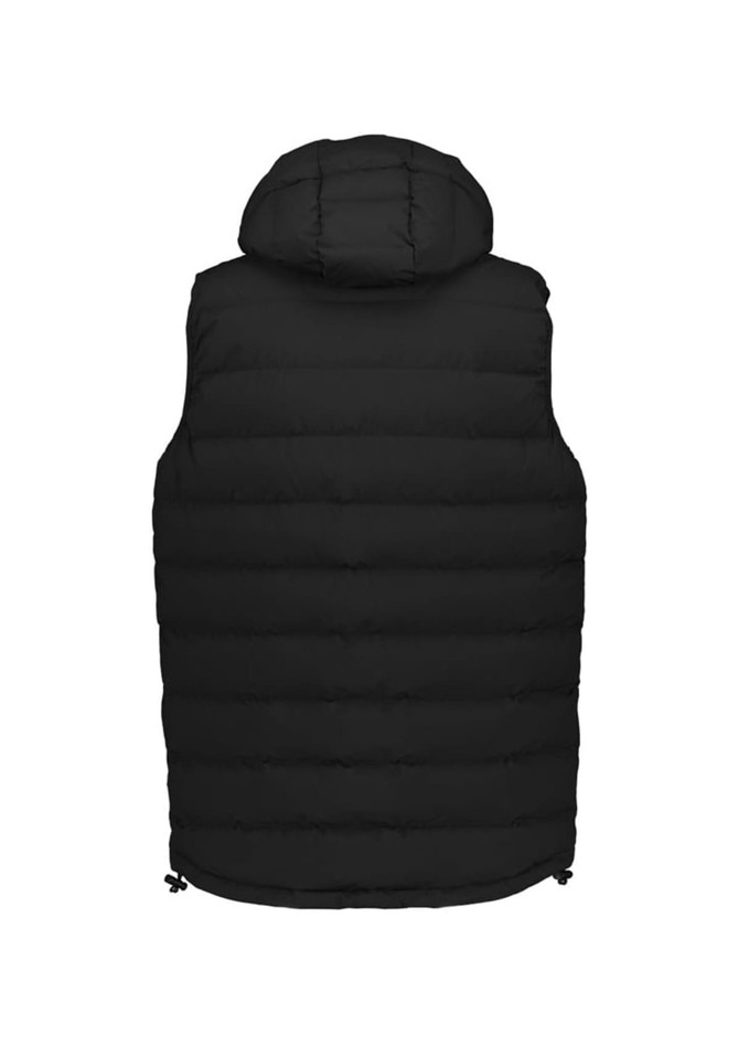 A black unisex hooded puffer vest featuring a quilted design and a drawstring hem. It has a logo on the back.