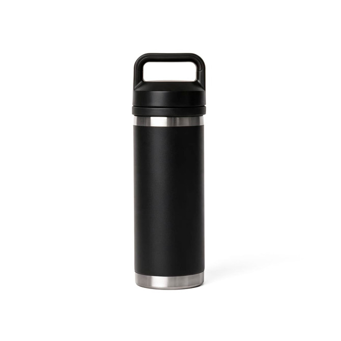 A drink bottle in black with a solid handle and a stainless steel base, featuring a logo.