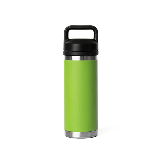 A drink bottle with a solid black handle and a vibrant green body, featuring a sleek stainless steel base.