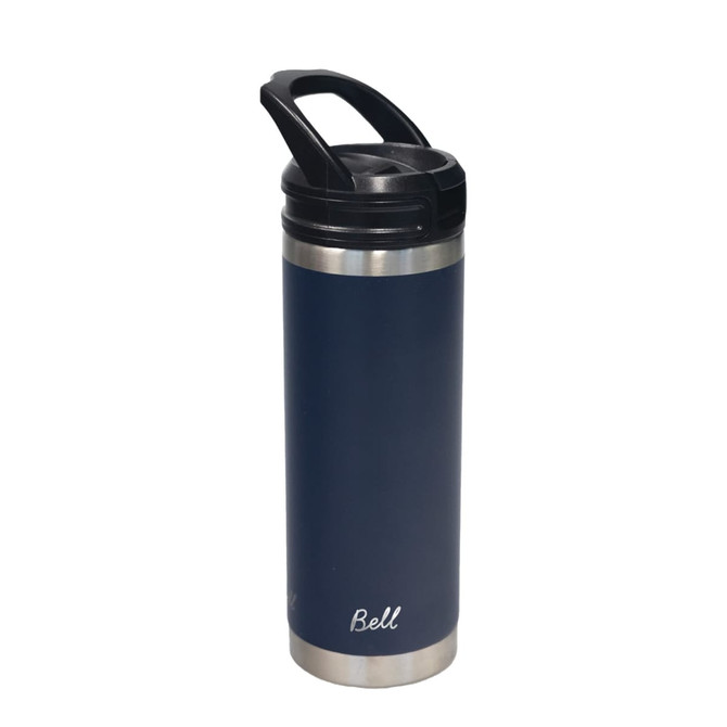 A drink bottle in navy blue with a stainless steel base and a black sipper handle. It features a logo.
