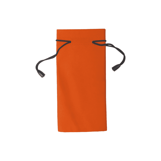 An orange toiletry pouch with a drawstring closure and black cords. It features a logo on one side.