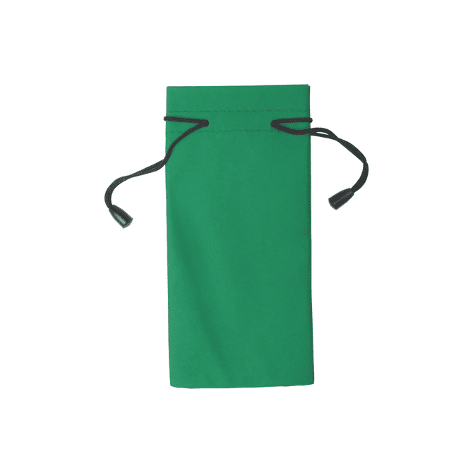 A green toiletry pouch with a drawstring closure and plastic toggles, featuring a simple design.