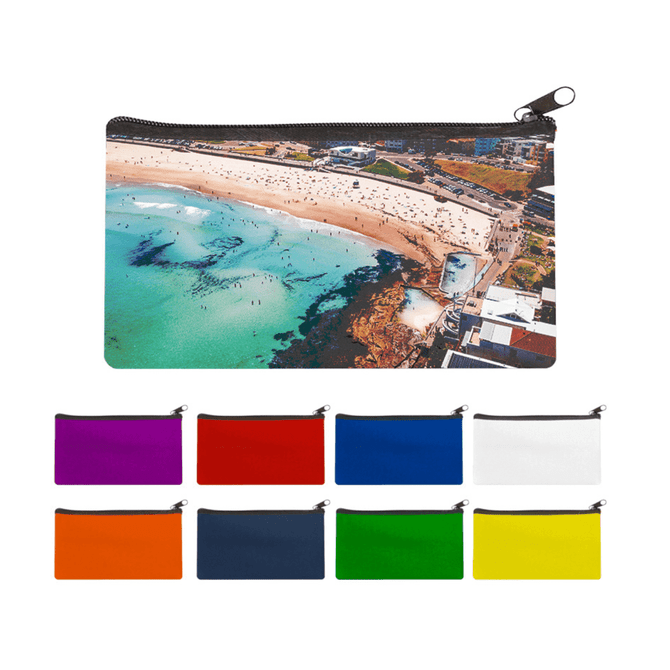 A large neoprene pencil case in multiple colours, featuring an aerial beach image on one side and a zip closure.
