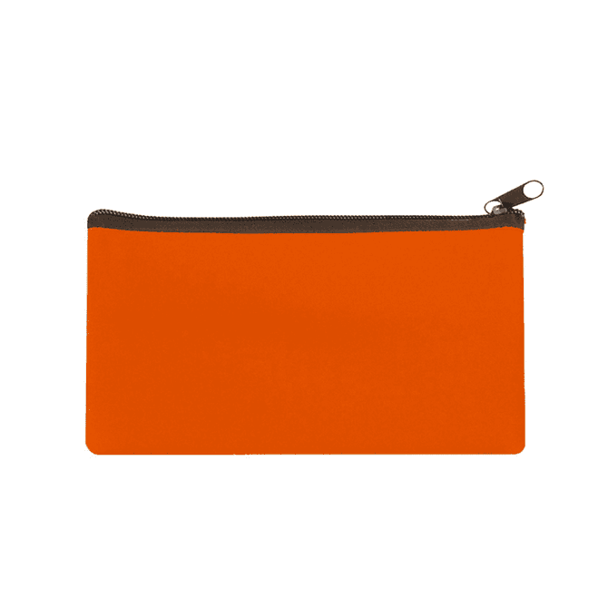 An orange neoprene pencil case with a zipper, featuring a simple design and no visible branding.