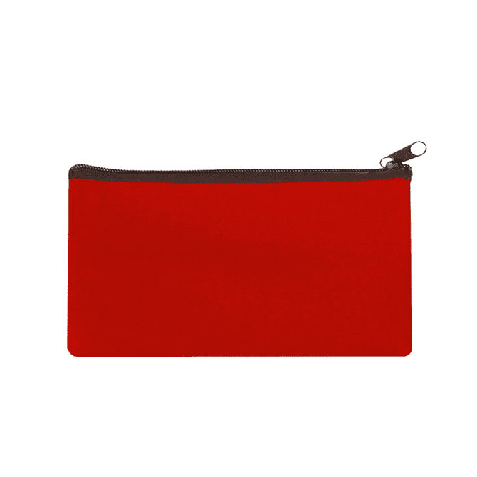 A large red neoprene pencil case with a zip closure and a simple design. It has a logo on it.