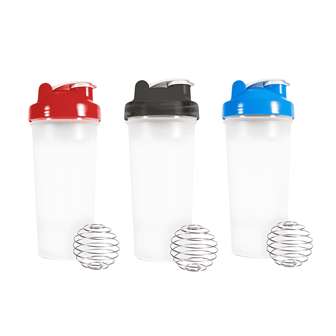A drink bottle set featuring three 600ml protein shakers in red, black, and blue, each with a silver mixing ball.