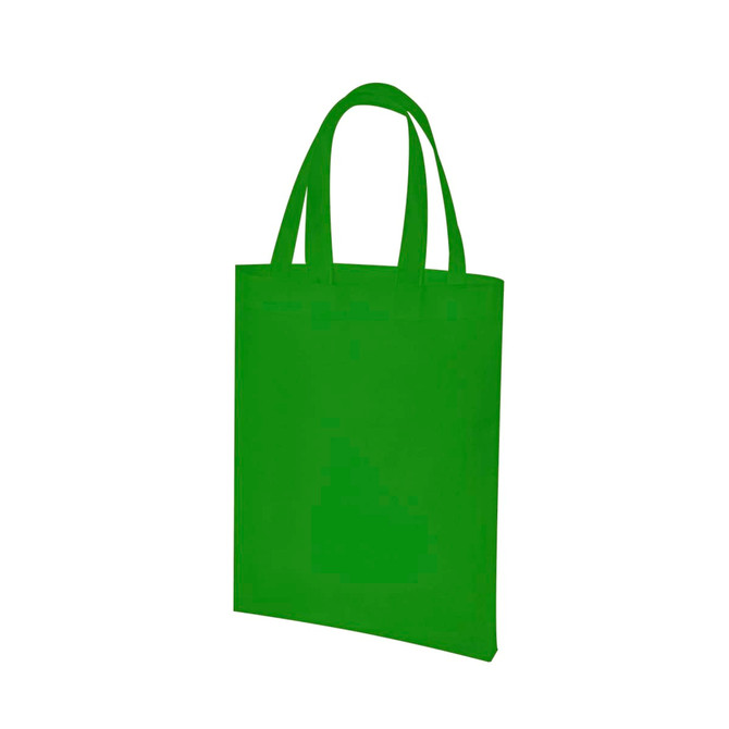 A bright green tote bag with two handles and a simple design. It features a branding logo.