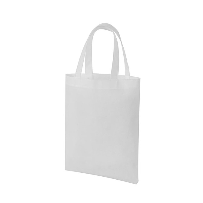 A white tote bag with two handles, featuring a simple design and a logo on the front.