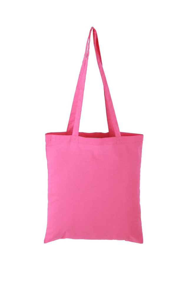 A pink tote bag with long handles and a simple design. It features a branding logo.