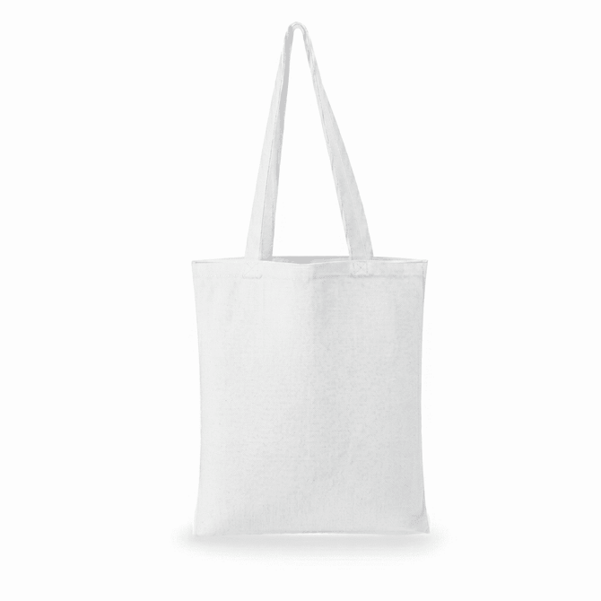 A plain white tote bag with two shoulder straps and an unbranded design.