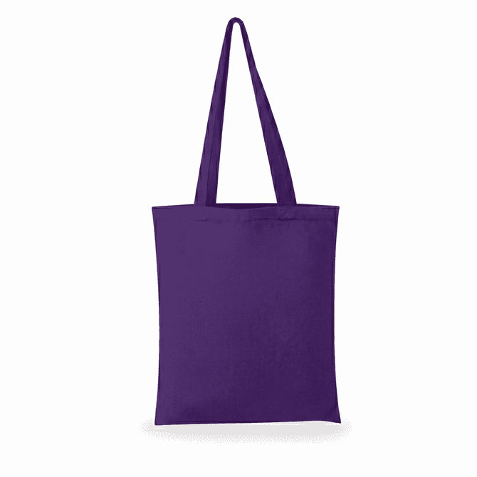 A purple tote bag with two long handles and no visible logos or branding.