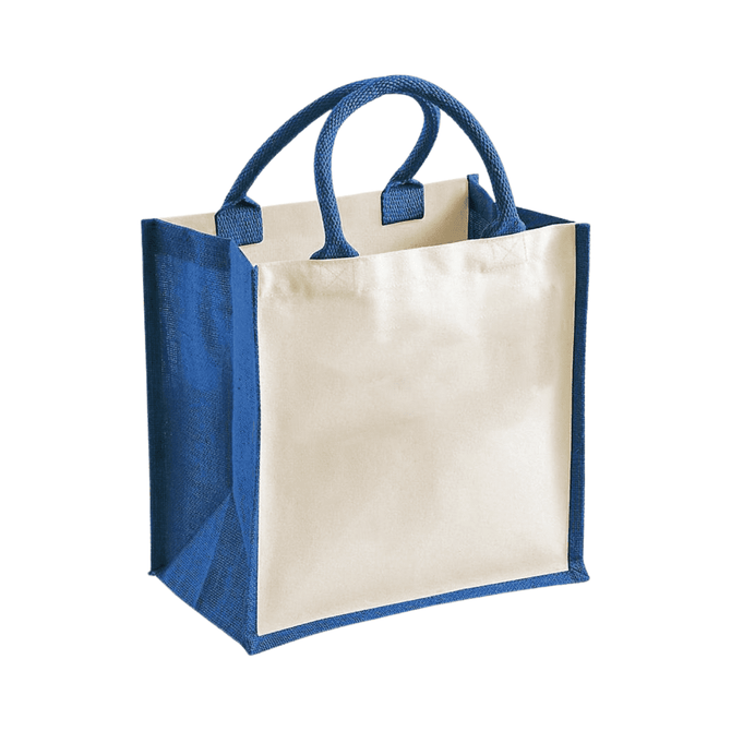 A medium jute supermarket tote in cream and navy blue, featuring dual handles and reinforced sides.