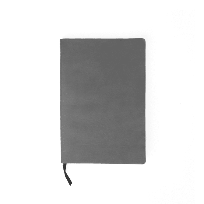 A grey notebook with a soft smooth PU cover and a black ribbon bookmark, featuring a logo on the front.