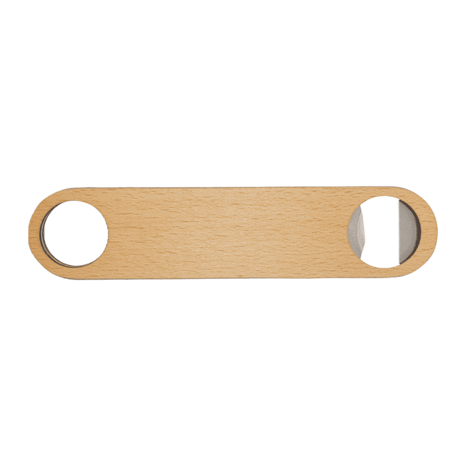 A drink bottle opener made from bamboo, featuring a natural wood finish and a metal blade. Includes an unlabelled logo.