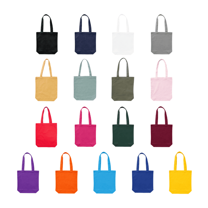 A collection of colourful tote bags in various shades, including black, navy, white, grey, yellow, green, pink, and more.