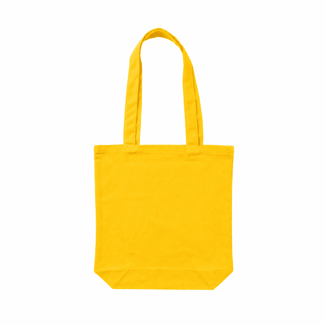 A yellow canvas tote bag with two shoulder straps and a plain design. It features a logo on one side.