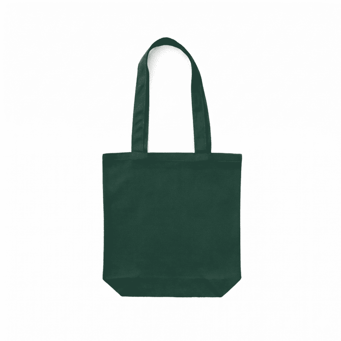 A dark green canvas tote bag with two handles and an unembellished surface.
