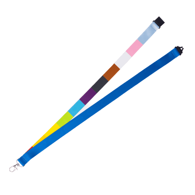 A dye sublimated lanyard with a swivel clip, featuring multiple colour segments including blue, pink, and purple.