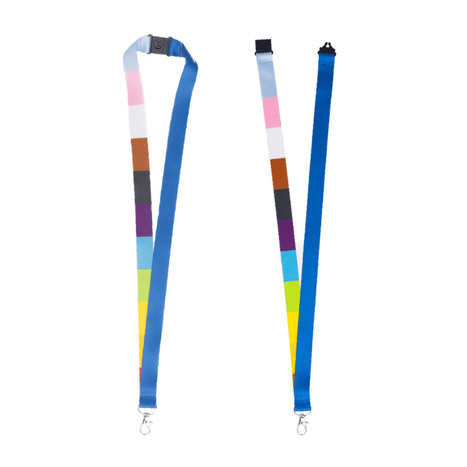 A set of two dye sublimated lanyards with swivel clips, featuring a variety of bright colours and patterns.