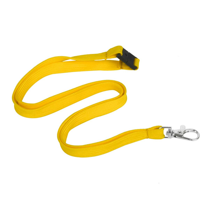 A yellow bootlace lanyard 10mm wide with a swivel clip, suitable for exhibitions and events.