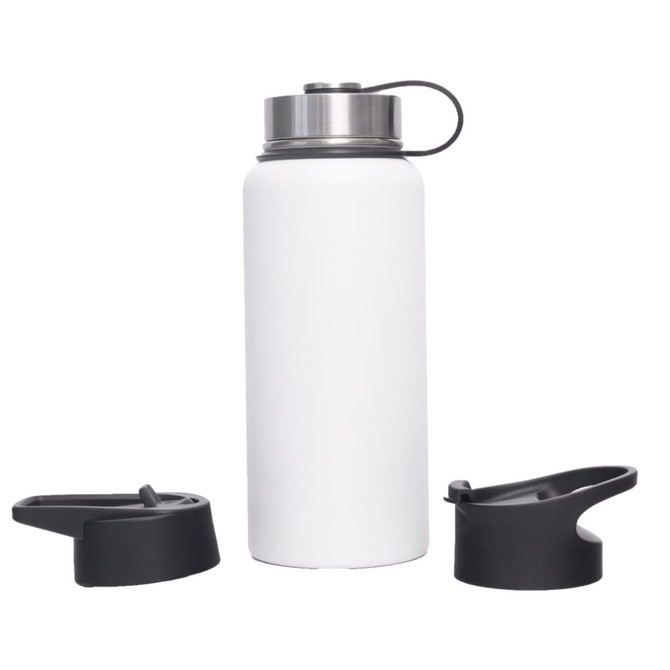 A drink bottle made of white stainless steel with a double wall design and three lids in black.