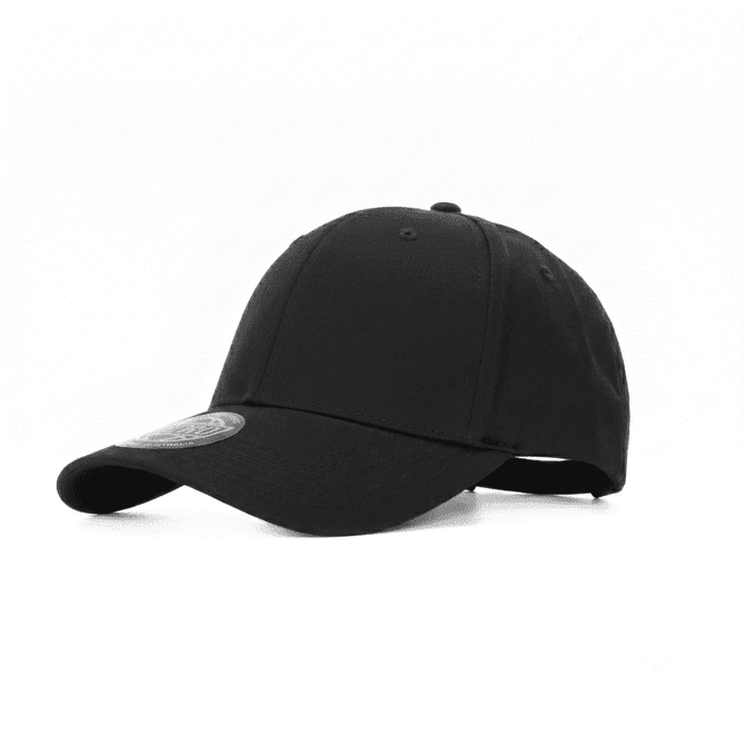 A black six-panel polyester stretch cap with an adjustable strap and a logo on the front.