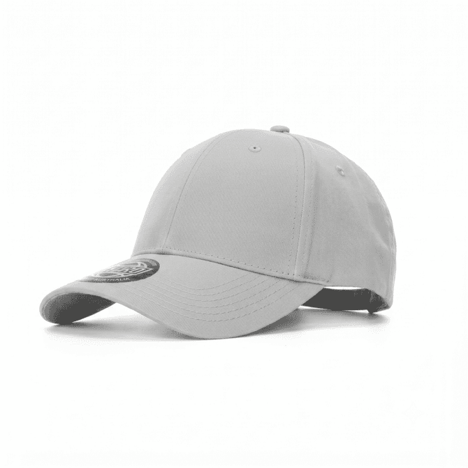 A light grey polyester stretch cap with a curved brim and a logo on the front.