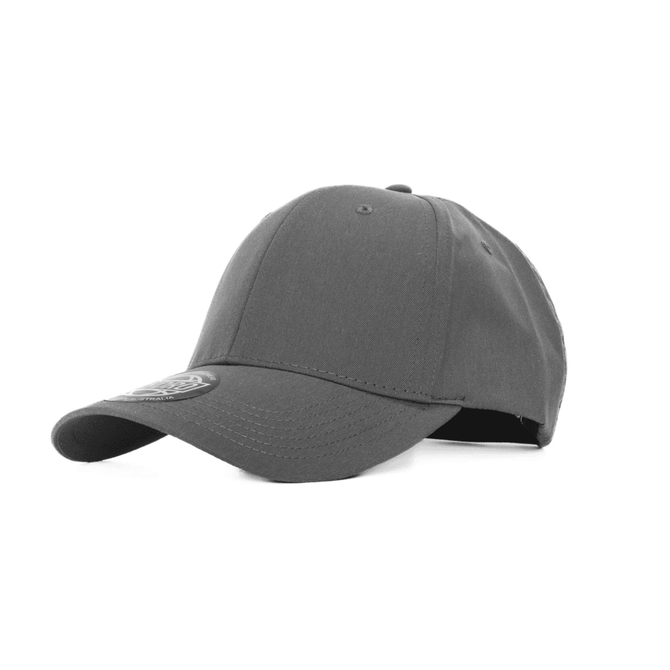 A grey polyester stretch cap featuring a round logo on the front. Designed with six panels.