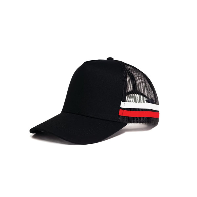 A black cap with a mesh back, featuring red and white striped detailing on the side, and a branded logo.