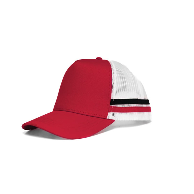 A red cap with a white mesh back and black stripes, featuring a logo on the front.