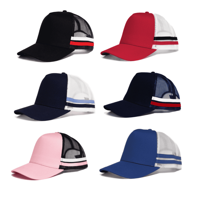A collection of Odyssey 5 panel polycotton caps featuring black, red, navy, and pink colours with striped mesh sides.