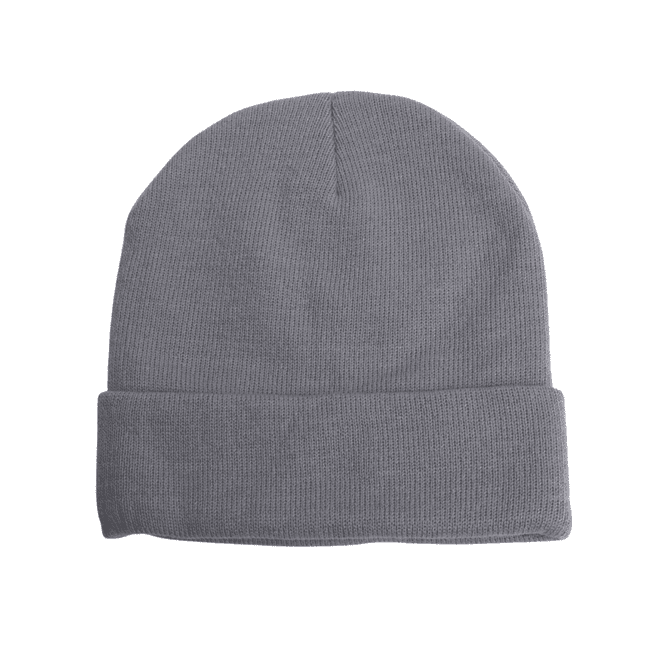A warm knitted acrylic beanie in grey, featuring a cuffed design and a simple appearance. It has a logo at the back.