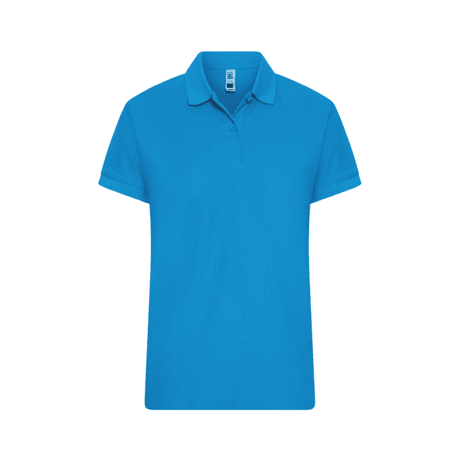 A blue women's polo shirt with a classic collar and short sleeves, featuring a logo.