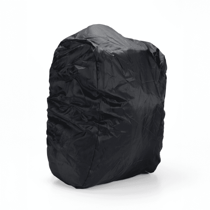 A black backpack with a smooth surface and a slight sheen, featuring a logo on the front.