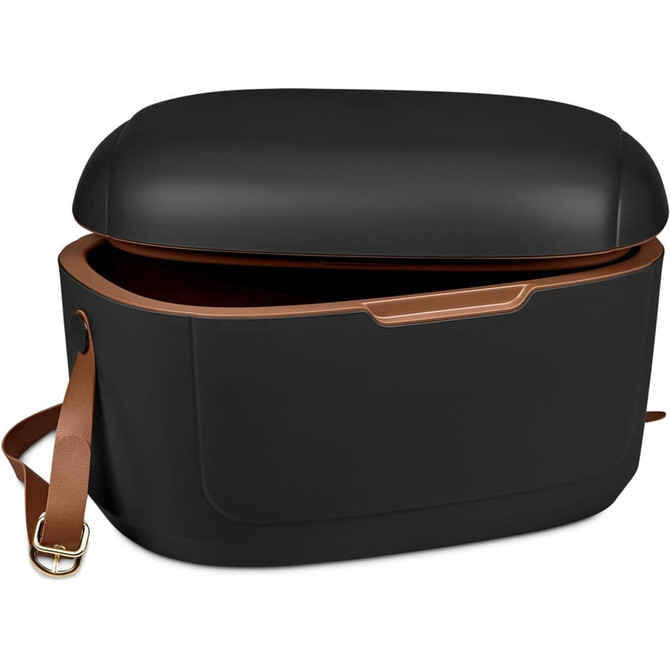 A black cooler box with a brown strap and a hinged lid, featuring a smooth exterior and spacious interior.