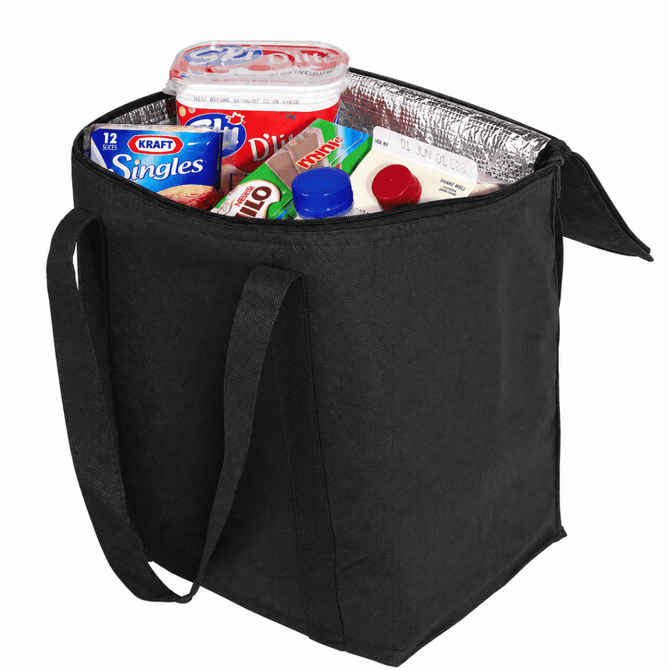 A black cooler bag filled with various food items, including drink containers and a tub of cheese.