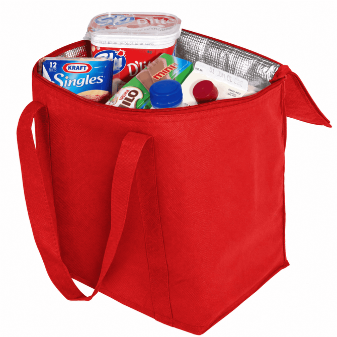 A red cooler bag filled with drink bottles, food containers, and assorted groceries. It has sturdy handles and a logo.