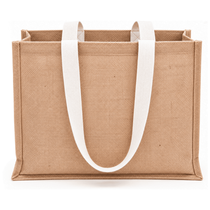 A jute tote bag in a natural tan colour with white handles and a gusseted design. Features a logo.